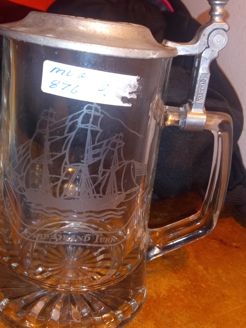 vintage Old Spice "Salem Ship Grand Turk 1786" glass beer mug with a pewter lid.